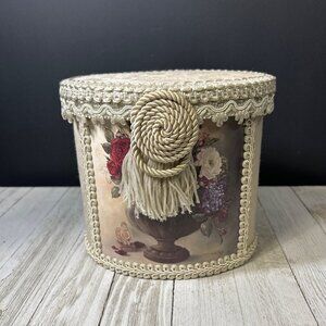 Vintage Victorian Floral Fabric and Lace Covered Trinket Storage Box Round
